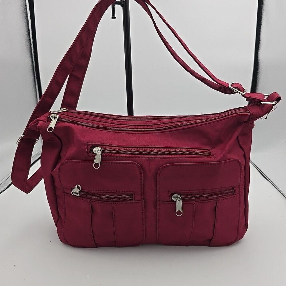 ITZ MAGIC Studios NEW Shoulder Bag Maroon Multiple Sections Zipper Pockets